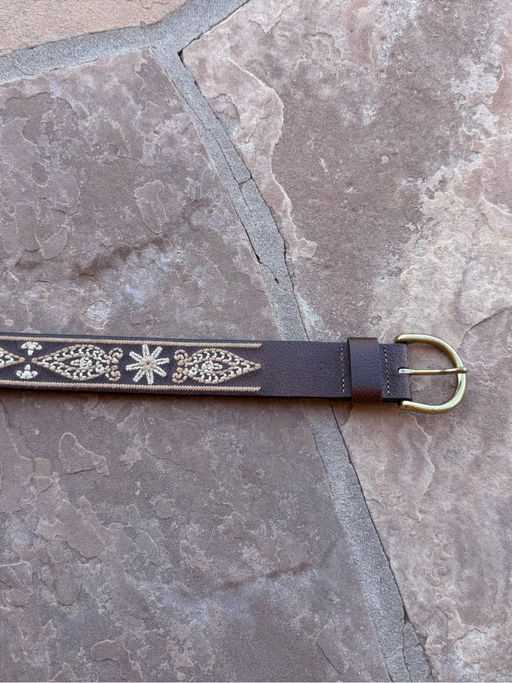 Women’s Brown Embroidered Leather Belt with Brass Buckle